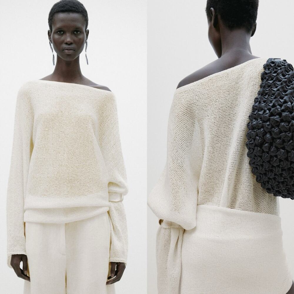 Massimo Dutti Cream Knit Open Neck Sweater